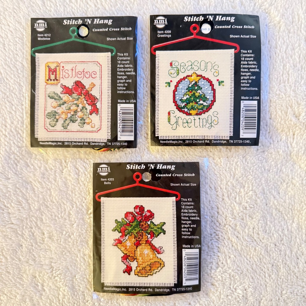 Lot of 3 NeedleMagic Stitch N Hang Christmas Cross Stitch Kits 4212 4209 4203